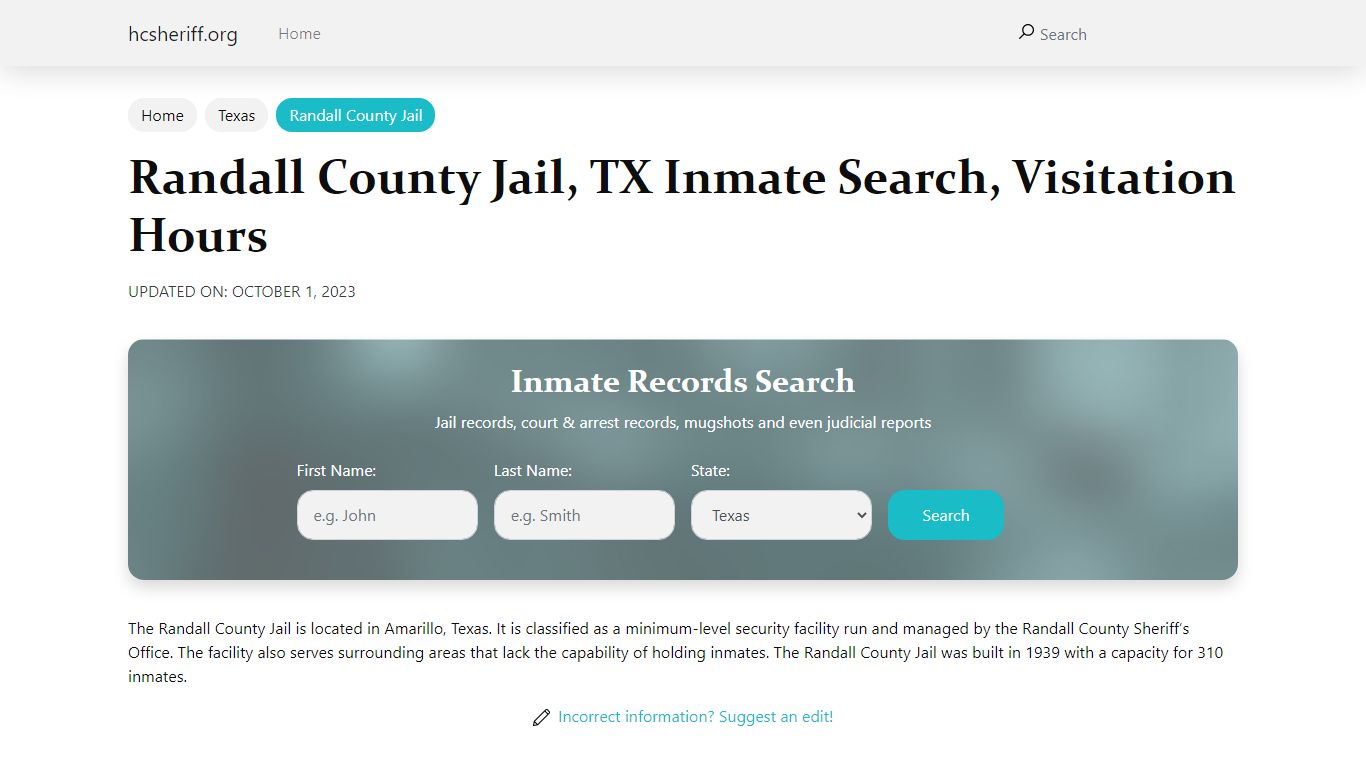 Randall County Jail, TX Inmate Search, Visitation Hours